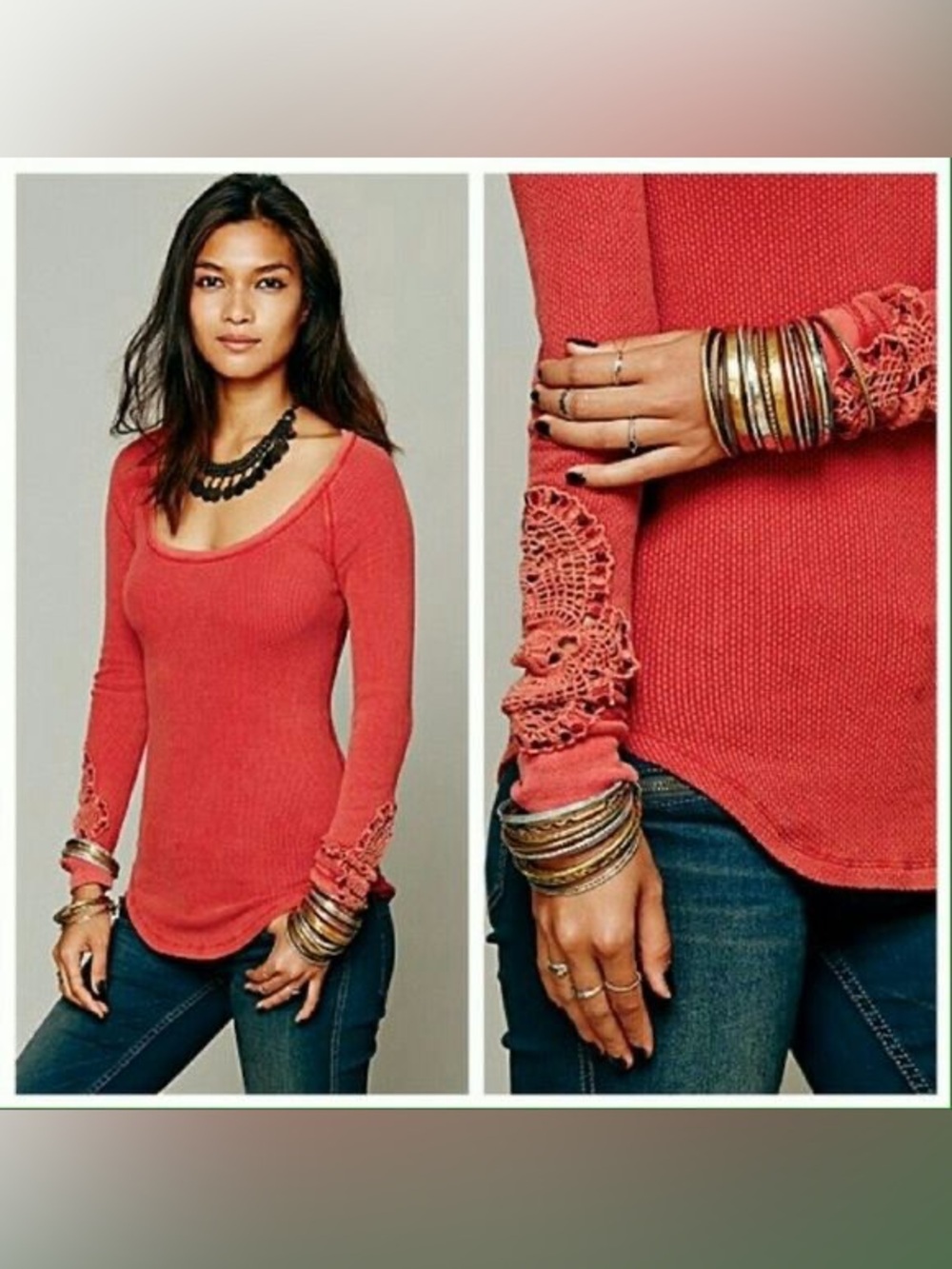 We the Free by Free People Synergy Thermal Top Womens L Washed Red Crochet Boho⁠